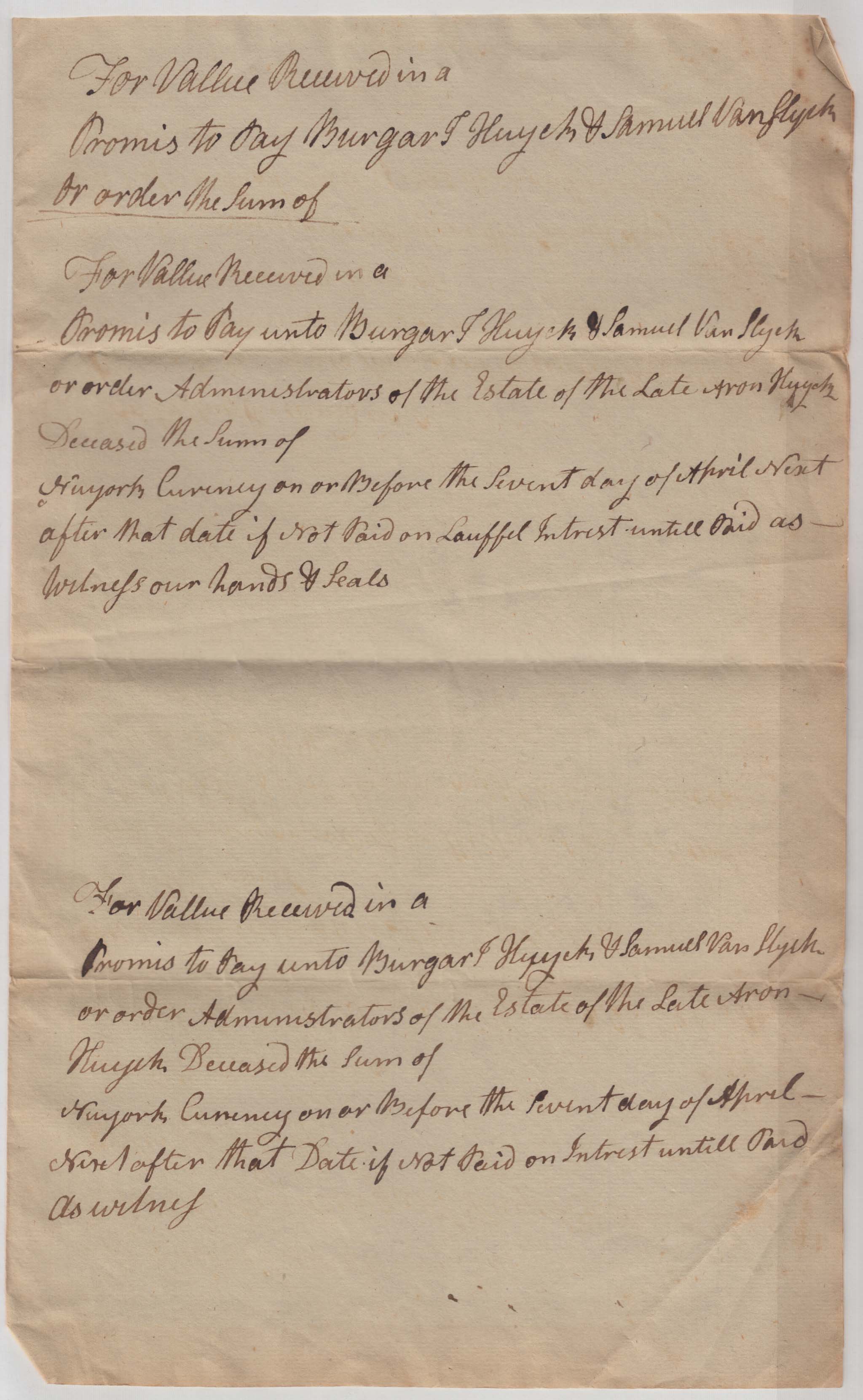 BH048, 1796-01-06 Promissory Note, 16 Blank Promissory Notes to Pay the Administrators of Aron Huyck's Estate